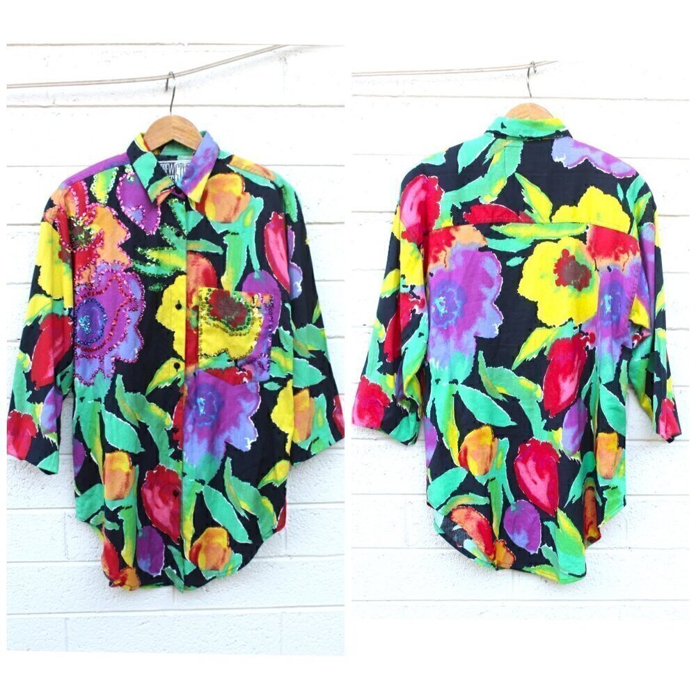 Vintage retro 90s bright floral print button down sequins shirt size S disco Y2K